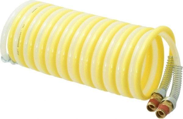 Coilhose Pneumatics - 1/4" ID, 1/4 Thread, 12' Long, Yellow & Natural Nylon Coiled & Self Storing Hose - 185 Max psi, Male Swivel x Male Swivel - Eagle Tool & Supply