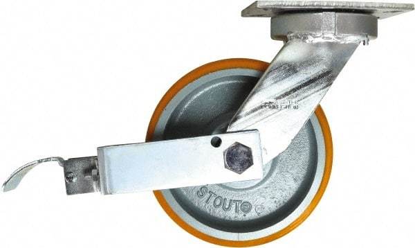 Caster Connection - 8" Diam x 3" Wide x 10-1/8" OAH Top Plate Mount Swivel Caster with Brake - Polyurethane, 2,500 Lb Capacity, Sealed Precision Ball Bearing, 4-1/2 x 6-1/4" Plate - Eagle Tool & Supply