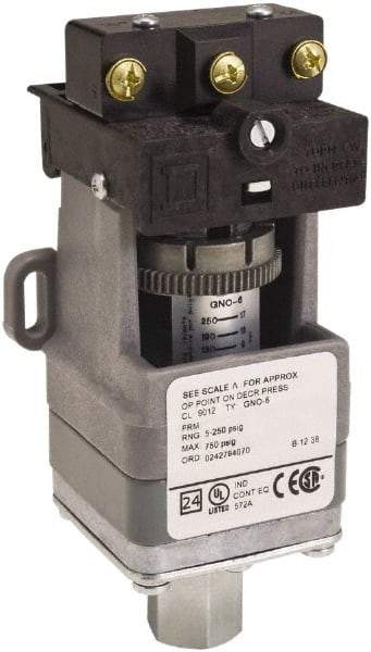 Square D - SPDT, 1.5 to 75 psi, Electromechanical Pressure and Level Switch - Adjustable Pressure, 120 VAC at 6 Amp, 125 VDC at 0.22 Amp, 240 VAC at 3 Amp, 250 VDC at 0.27 Amp, 1/4 Inch Connector, Screw Terminal, For Use with 9012G - Eagle Tool & Supply