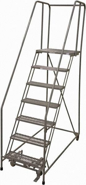 Cotterman - 100" 7 Step Rolling Warehouse Ladder - Rolling Safety Ladder, 450 Lb Capacity, 70" Platform Height, 30" Base Width x 63" Base Depth, Expanded Metal Tread - Eagle Tool & Supply