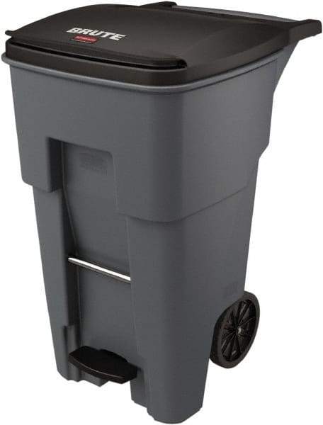 Rubbermaid - 65 Gal Gray Rectangle Trash Can - Plastic, None Graphic, 44.74" High x 25.33" Wide, Lid Included - Eagle Tool & Supply