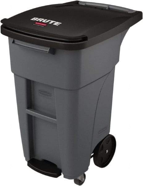 Rubbermaid - 32 Gal Gray Rectangle Trash Can - Plastic, None Graphic, 37.16" High x 20.62" Wide, Lid Included - Eagle Tool & Supply