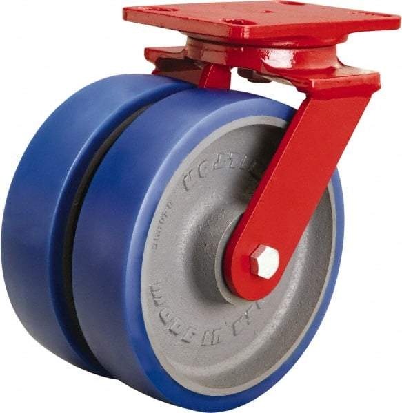 Hamilton - 8" Diam x 2" Wide x 9-3/4" OAH Top Plate Mount Swivel Caster - Polyurethane Mold onto Cast Iron Center, 2,400 Lb Capacity, Tapered Roller Bearing, 4-1/2 x 6-1/2" Plate - Eagle Tool & Supply