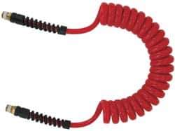 PRO-SOURCE - 5/16" ID, 1/4 Thread, 15' Long, Red Polyurethane Coiled & Self Storing Hose - 185 Max psi, Male Swivel x Male Swivel - Eagle Tool & Supply