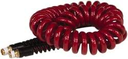PRO-SOURCE - 1/4" ID, 1/4 Thread, 15' Long, Red Polyurethane Coiled & Self Storing Hose - 220 Max psi, Male Swivel x Male Swivel - Eagle Tool & Supply