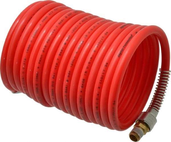 PRO-SOURCE - 5/16" ID, 1/4 Thread, 17' Long, Red Nylon Coiled & Self Storing Hose - 213 Max psi, Male Swivel x Male Swivel - Eagle Tool & Supply
