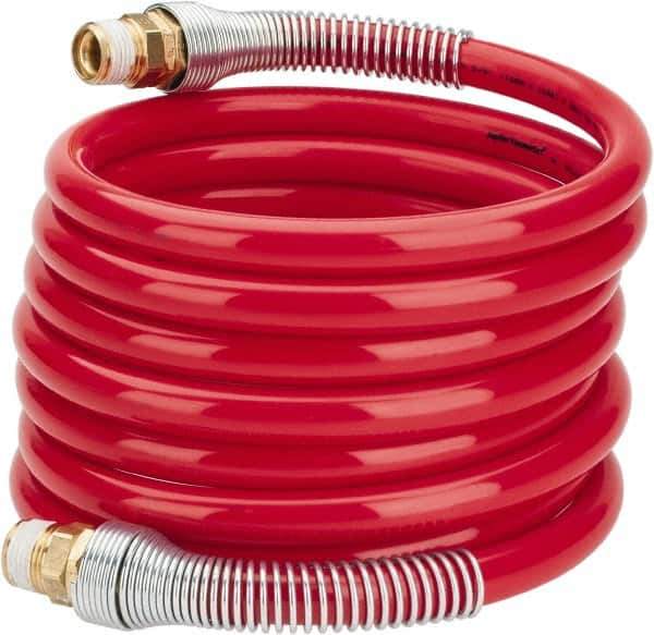 PRO-SOURCE - 1/2" ID, 1/2 Thread, 12' Long, Red Nylon Coiled & Self Storing Hose - 220 Max psi, Male Swivel x Male Swivel - Eagle Tool & Supply