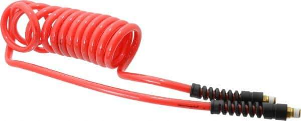 PRO-SOURCE - 5/16" ID, 1/4 Thread, 10' Long, Red Polyurethane Coiled & Self Storing Hose - 120 Max psi, Male Swivel x Male Swivel - Eagle Tool & Supply