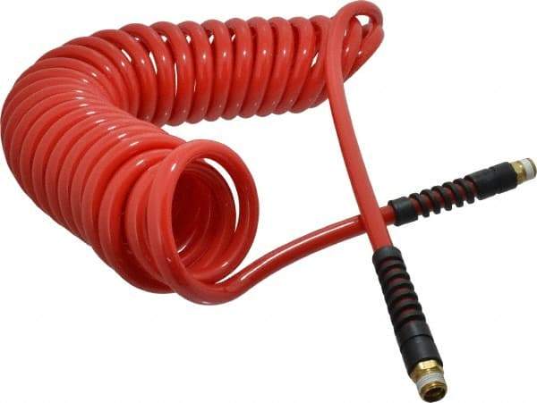 PRO-SOURCE - 3/8" ID, 3/8 Thread, 25' Long, Red Polyurethane Coiled & Self Storing Hose - 133 Max psi, Male Swivel x Male Swivel - Eagle Tool & Supply