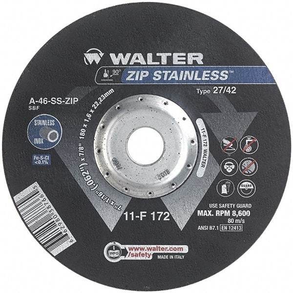 WALTER Surface Technologies - 46 Grit, 7" Wheel Diam, 1/16" Wheel Thickness, 7/8" Arbor Hole, Type 27 Depressed Center Wheel - Aluminum Oxide/Silicon Carbide Blend, Resinoid Bond, 8,600 Max RPM - Eagle Tool & Supply