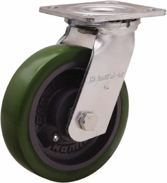 Hamilton - 6" Diam x 1-1/2" Wide x 7-1/2" OAH Top Plate Mount Swivel Caster - Polyurethane Mold onto Cast Iron Center, 550 Lb Capacity, Straight Roller Bearing, 4 x 4-1/2" Plate - Eagle Tool & Supply