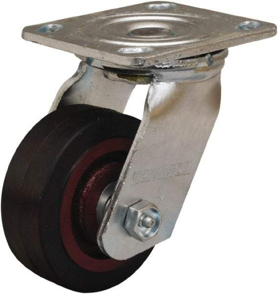 Hamilton - 4" Diam x 1-1/2" Wide x 5-5/8" OAH Top Plate Mount Swivel Caster - Rubber Mold on Cast Iron, 200 Lb Capacity, Straight Roller Bearing, 4 x 4-1/2" Plate - Eagle Tool & Supply
