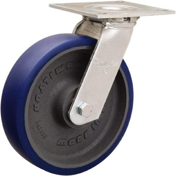 Hamilton - 8" Diam x 2" Wide x 9-1/2" OAH Top Plate Mount Swivel Caster - Polyurethane Mold onto Cast Iron Center, 900 Lb Capacity, Sealed Precision Ball Bearing, 5 x 5-1/2" Plate - Eagle Tool & Supply