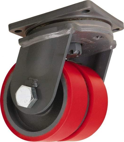 Hamilton - 10" Diam x 3" Wide x 13" OAH Top Plate Mount Dual Swivel Caster - Polyurethane Mold on Forged Steel, 7,200 Lb Capacity, Tapered Roller Bearing, 8-1/2 x 8-1/2" Plate - Eagle Tool & Supply