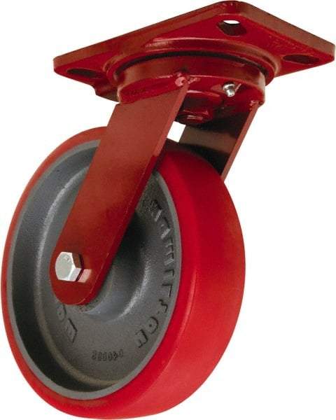 Hamilton - 8" Diam x 2" Wide x 9-3/4" OAH Top Plate Mount Swivel Caster - Polyurethane Mold onto Cast Iron Center, 1,800 Lb Capacity, Tapered Roller Bearing, 4-1/2 x 6-1/2" Plate - Eagle Tool & Supply