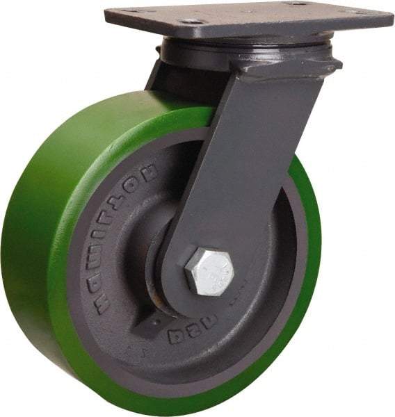 Hamilton - 8" Diam x 3" Wide x 10-1/4" OAH Top Plate Mount Swivel Caster - Polyurethane Mold onto Cast Iron Center, 2,400 Lb Capacity, Tapered Roller Bearing, 4-1/2 x 6-1/2" Plate - Eagle Tool & Supply