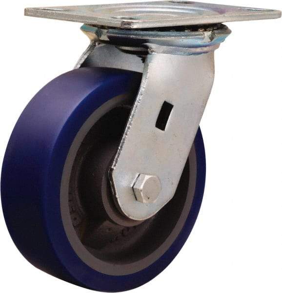 Hamilton - 6" Diam x 2" Wide x 7-1/2" OAH Top Plate Mount Swivel Caster - Polyurethane Mold onto Cast Iron Center, 960 Lb Capacity, Sealed Precision Ball Bearing, 4-1/2 x 6-1/4" Plate - Eagle Tool & Supply