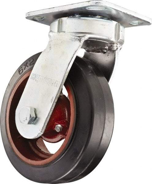 Hamilton - 6" Diam x 2" Wide x 7-1/2" OAH Top Plate Mount Swivel Caster - Rubber Mold on Cast Iron, Straight Roller Bearing, 4 x 4-1/2" Plate - Eagle Tool & Supply