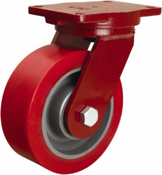 Hamilton - 8" Diam x 3" Wide x 10-1/2" OAH Top Plate Mount Swivel Caster - Polyurethane Mold onto Cast Iron Center, 4,400 Lb Capacity, Tapered Roller Bearing, 6-1/8 x 7-1/2" Plate - Eagle Tool & Supply