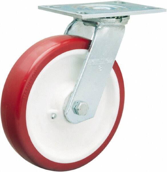 Hamilton - 8" Diam x 2" Wide x 9-1/2" OAH Top Plate Mount Swivel Caster - Polyurethane Mold on Polypropylene, 900 Lb Capacity, Straight Roller Bearing, 4-1/2 x 6-1/4" Plate - Eagle Tool & Supply