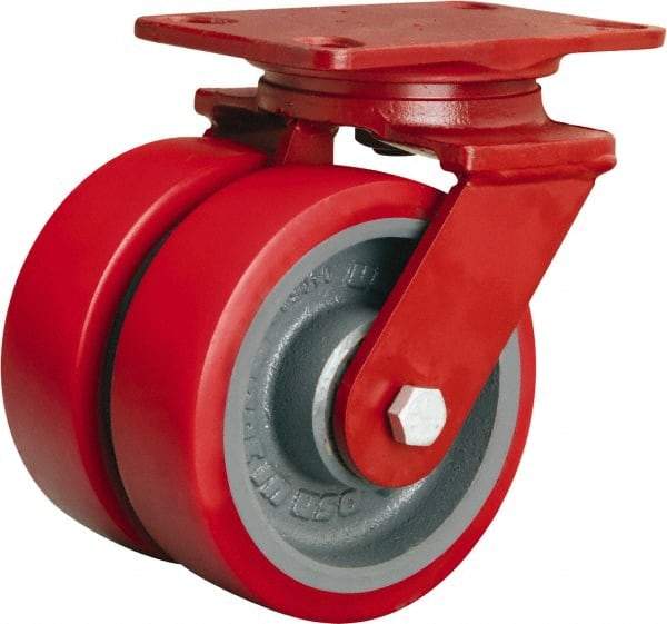 Hamilton - 6" Diam x 2" Wide x 7-3/4" OAH Top Plate Mount Dual Swivel Caster - Polyurethane Mold on Forged Steel, 2,500 Lb Capacity, Tapered Roller Bearing, 4-1/2 x 6-1/2" Plate - Eagle Tool & Supply