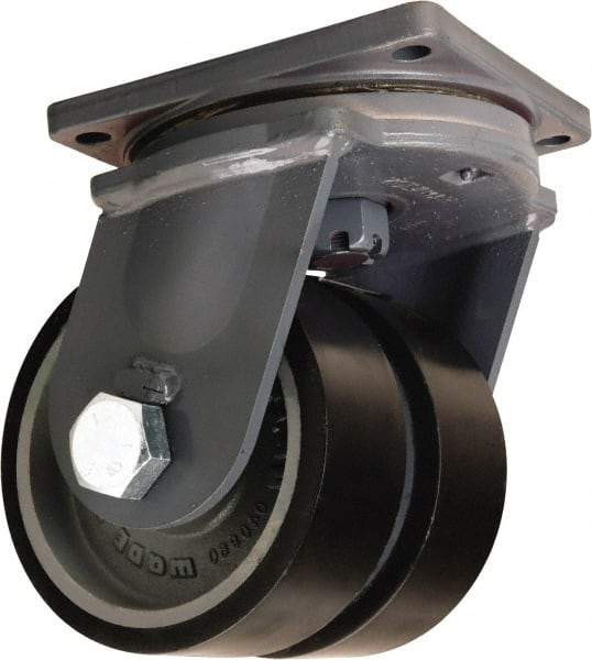 Hamilton - 10" Diam x 3" Wide x 13" OAH Top Plate Mount Dual Swivel Caster - Polyurethane Mold onto Cast Iron Center, 7,800 Lb Capacity, Tapered Roller Bearing, 8-1/2 x 8-1/2" Plate - Eagle Tool & Supply