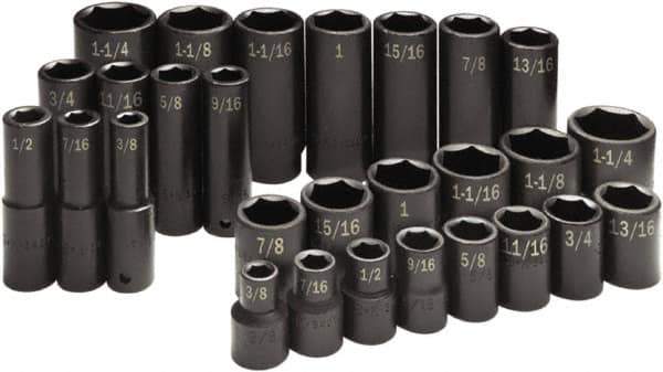 SK - 28 Piece 1/2" Drive Standard Deep Impact Socket Set - 6 Points, 3/8 to 1-1/4", Inch Measurement Standard - Eagle Tool & Supply