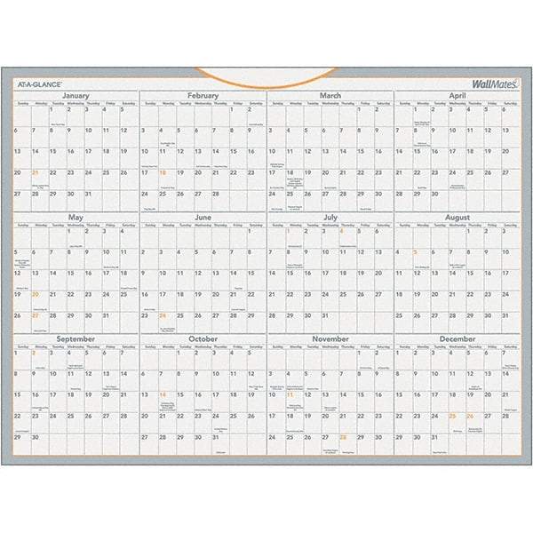 AT-A-GLANCE - 1 Sheet, 24 x 18", Erasable Wall Calendar - Gray, White & Orange - Eagle Tool & Supply