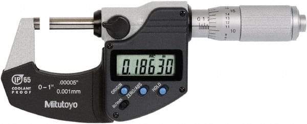 Mitutoyo - 0 to 1 Inch Range, 0 Inch Resolution, Standard Throat, IP65 Electronic Outside Micrometer - 0.0001 Inch Accuracy, Friction Thimble, Rotating Spindle, SR44 Battery, Includes NIST Traceability Certification - Eagle Tool & Supply