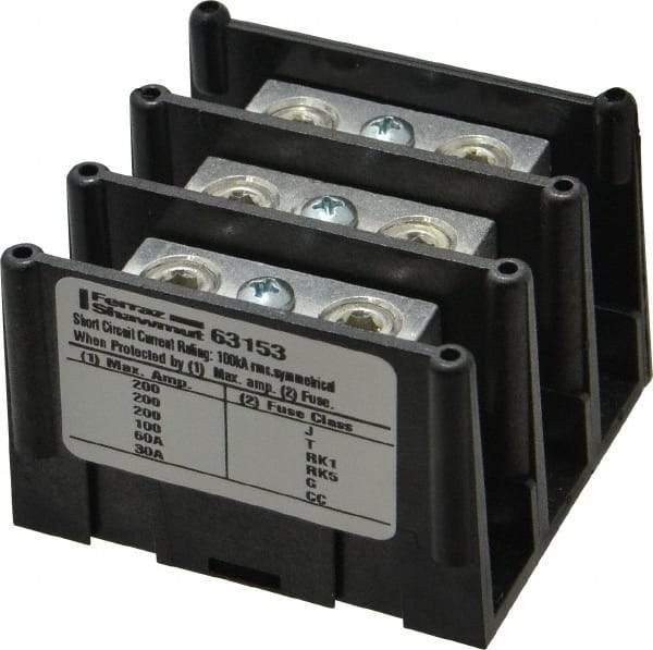 Ferraz Shawmut - 3 Poles, 135 Amp, 2/0-14 AWG Primary, 2/0-14 AWG Secondary, Polycarbonate Power Distribution Block - 1000 VAC/VDC, 1 Primary Connection, 2.91 Inch Long x 3.08 Inch Deep x 2.81 Inch High - Eagle Tool & Supply