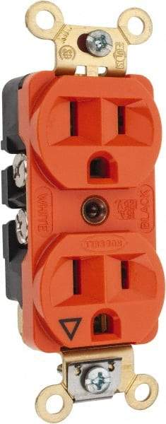 Hubbell Wiring Device-Kellems - 125 VAC, 15 Amp, 5-15R NEMA Configuration, Orange, Specification Grade, Isolated Ground Duplex Receptacle - 1 Phase, 2 Poles, 3 Wire, Flush Mount, Corrosion, Heat and Impact Resistant - Eagle Tool & Supply