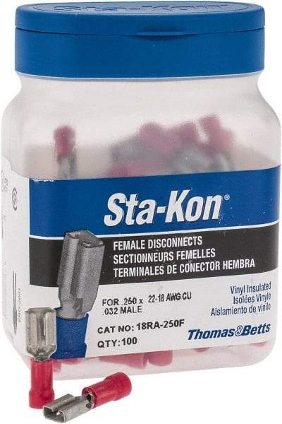Thomas & Betts - 22 to 18 AWG, Vinyl, Fully Insulated, Female Wire Disconnect - 1/4 Inch Wide Tab, Red, CSA Certified, RoHS Compliant, UL 94 V-0, UL File E66716, UL Listed - Eagle Tool & Supply