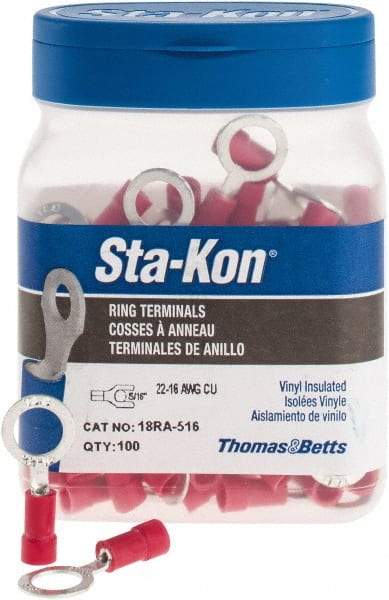 Thomas & Betts - 22-16 AWG Partially Insulated Crimp Connection D Shaped Ring Terminal - 5/16" Stud, 1.13" OAL x 1/2" Wide, Tin Plated Copper Contact - Eagle Tool & Supply