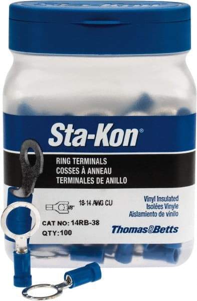 Thomas & Betts - 18-14 AWG Partially Insulated Crimp Connection D Shaped Ring Terminal - 3/8" Stud, 1.16" OAL x 0.54" Wide, Tin Plated Copper Contact - Eagle Tool & Supply