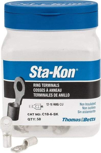 Thomas & Betts - 12-10 AWG Noninsulated Crimp Connection D Shaped Ring Terminal - #6 Stud, 0.82" OAL x 0.31" Wide, Tin Plated Copper Contact - Eagle Tool & Supply