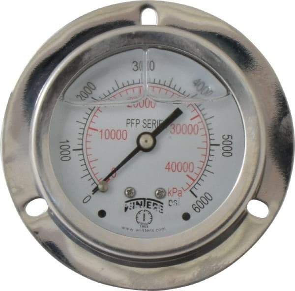 Winters - 2-1/2" Dial, 1/4 Thread, 0-6,000 Scale Range, Pressure Gauge - Front Flange Panel Mount, Center Back Connection Mount, Accurate to 1.6% of Scale - Eagle Tool & Supply