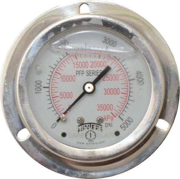 Winters - 2-1/2" Dial, 1/4 Thread, 0-5,000 Scale Range, Pressure Gauge - Front Flange Panel Mount, Center Back Connection Mount, Accurate to 1.6% of Scale - Eagle Tool & Supply
