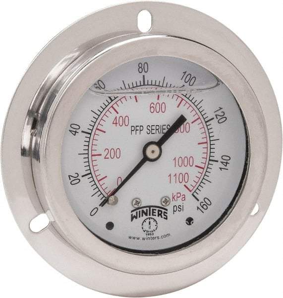 Winters - 2-1/2" Dial, 1/4 Thread, 0-160 Scale Range, Pressure Gauge - Front Flange Panel Mount, Center Back Connection Mount, Accurate to 1.6% of Scale - Eagle Tool & Supply