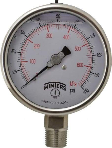 Winters - 4" Dial, 1/2 Thread, 0-100 Scale Range, Pressure Gauge - Lower Connection Mount, Accurate to 1% of Scale - Eagle Tool & Supply