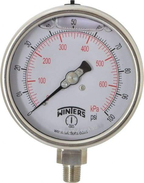 Winters - 4" Dial, 1/4 Thread, 0-100 Scale Range, Pressure Gauge - Lower Connection Mount, Accurate to 1% of Scale - Eagle Tool & Supply