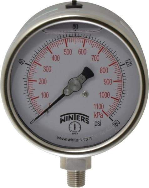 Winters - 4" Dial, 1/4 Thread, 0-160 Scale Range, Pressure Gauge - Lower Connection Mount, Accurate to 1% of Scale - Eagle Tool & Supply