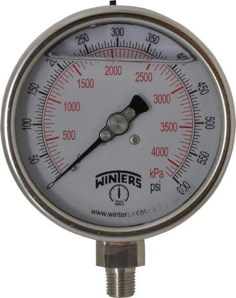 Winters - 4" Dial, 1/4 Thread, 0-600 Scale Range, Pressure Gauge - Lower Connection Mount, Accurate to 1% of Scale - Eagle Tool & Supply