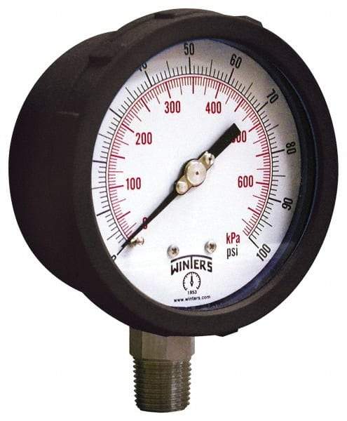 Winters - 4" Dial, 1/4 Thread, 0-160 Scale Range, Pressure Gauge - Lower Connection Mount, Accurate to 1% of Scale - Eagle Tool & Supply