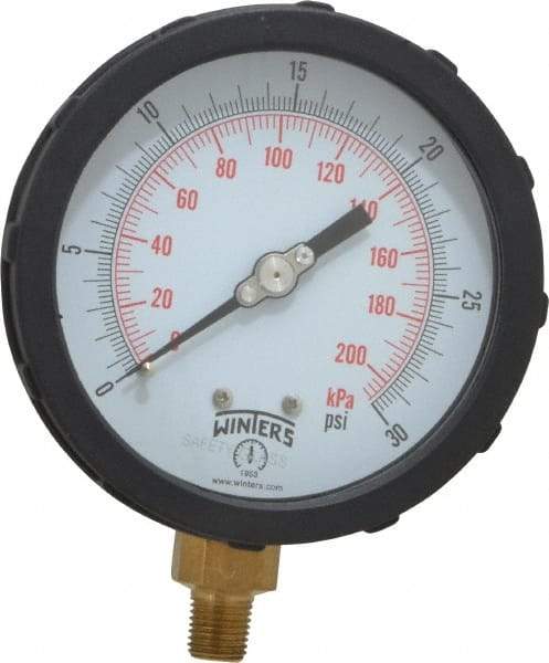 Winters - 4" Dial, 1/4 Thread, 0-30 Scale Range, Pressure Gauge - Lower Connection Mount, Accurate to 1% of Scale - Eagle Tool & Supply