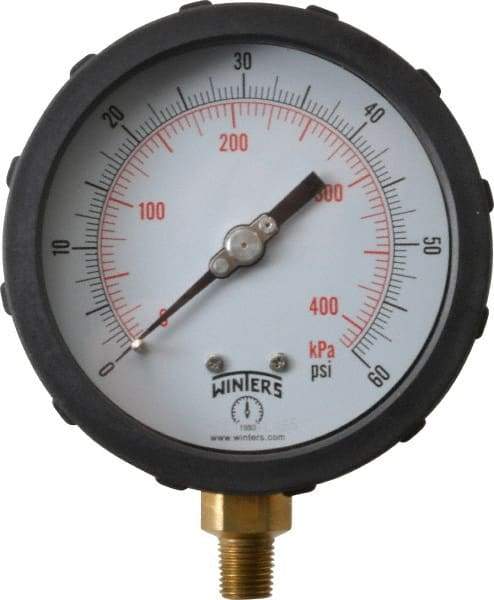 Winters - 4" Dial, 1/4 Thread, 0-60 Scale Range, Pressure Gauge - Lower Connection Mount, Accurate to 1% of Scale - Eagle Tool & Supply