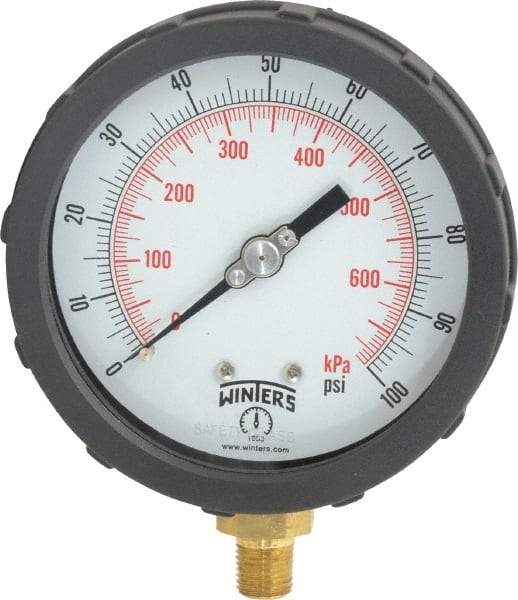 Winters - 4" Dial, 1/4 Thread, 0-100 Scale Range, Pressure Gauge - Lower Connection Mount, Accurate to 1% of Scale - Eagle Tool & Supply