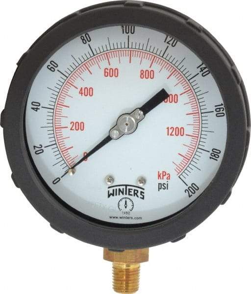 Winters - 4" Dial, 1/4 Thread, 0-200 Scale Range, Pressure Gauge - Lower Connection Mount, Accurate to 1% of Scale - Eagle Tool & Supply