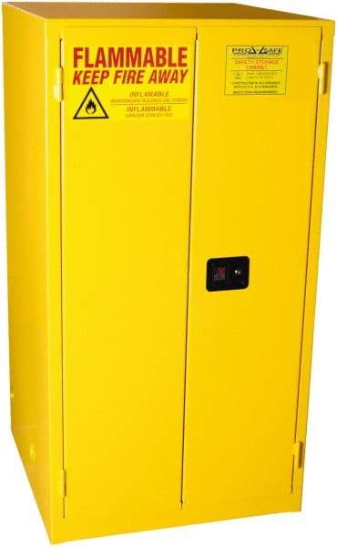 PRO-SAFE - 2 Door, 2 Shelf, Yellow Steel Standard Safety Cabinet for Flammable and Combustible Liquids - 65" High x 34" Wide x 34" Deep, Self Closing Door, 3 Point Key Lock, 60 Gal Capacity - Eagle Tool & Supply