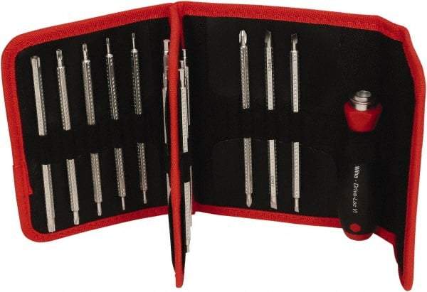 Wiha - 15 Piece, 4mm Drive Screwdriver Insert Torx Bit Set - #1 to #2 Phillips, 2 to 6mm Hex, T6 to T40 Torx, 3.5 to 4.5 & 5.5 to 6.5mm Slotted - Eagle Tool & Supply