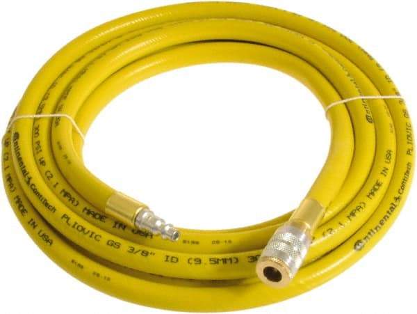 Continental ContiTech - 3/8" ID x 0.6" OD 20' Long Multipurpose Air Hose - Industrial Interchange Safety Coupler x Male Plug Ends, 300 Working psi, -10 to 158°F, 1/4" Fitting, Yellow - Eagle Tool & Supply